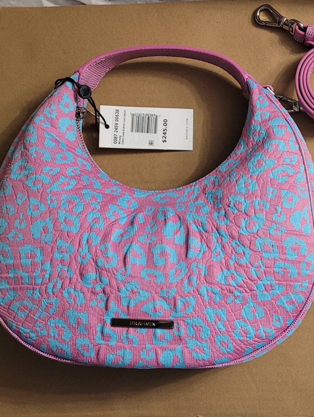 BRAHMIN Pink and Turquoise Leopard-Print Hobo Bag NWT Mindy ,Cotton CANDY